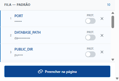 Fila de variáveis com chave, valor e checkbox Protected