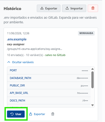 Histórico expandido com botão Usar